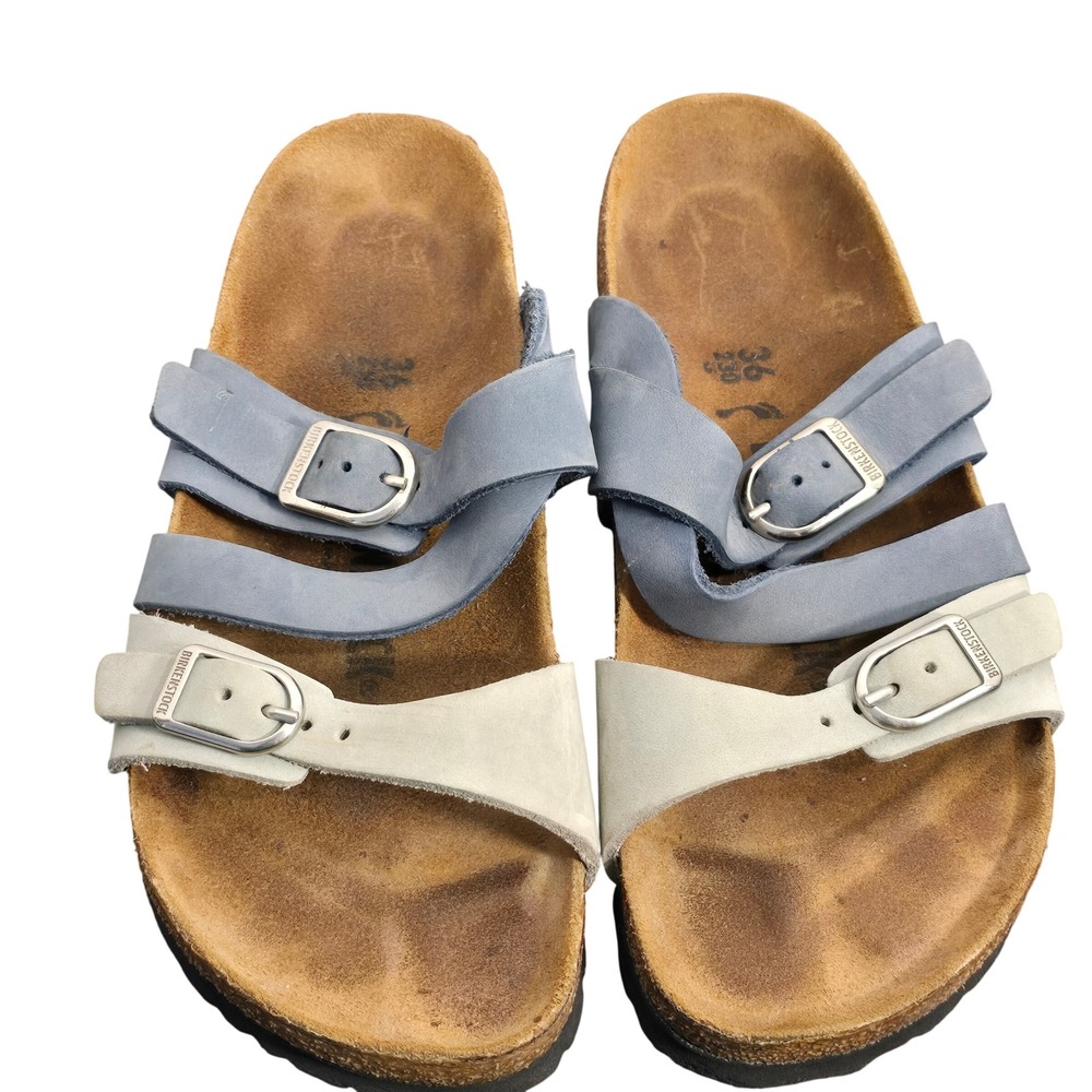 Birkenstock Franca Sandals Blue White Leather Buckle Slide Womens 36 EU 5 US - Picture 5 of 16